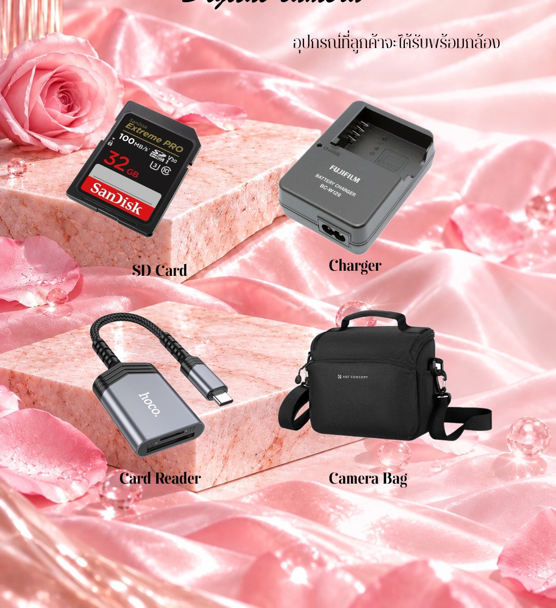 What's included with your camera rental: SD card, charger, card reader, camera bag